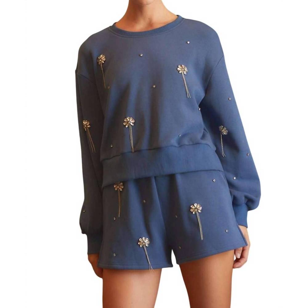 NEW MAIN STRIP jaydeen rhinestone embellished sweatshirt top & short set in mine